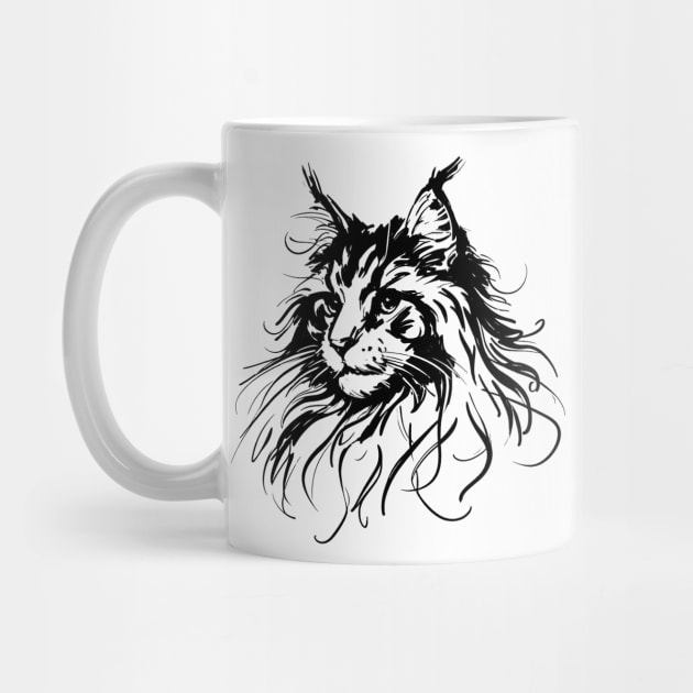 Stick figure of Maine Coon cat in black ink by WelshDesigns